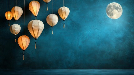 Obraz premium Lanterns in Night Sky with Full Moon and Blue Background for Tranquil Scenes