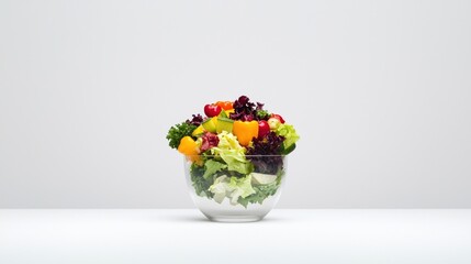 A glass bowl filled with fresh, colorful salad vegetables sits on a white surface against a plain background.