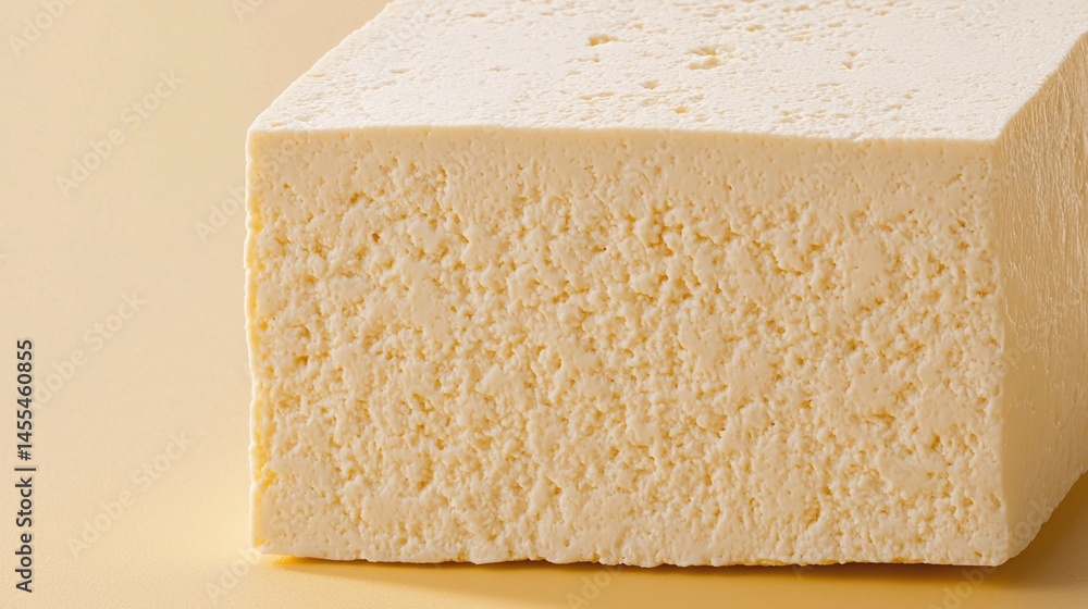 Poster a close-up of a block of tofu, showcasing its smooth texture and pale color against a neutral backgr