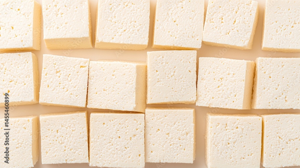 Poster neatly arranged cubes of tofu on a light background, showcasing their smooth, soft texture and cream