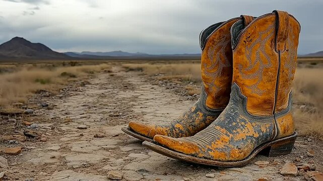 Worn cowboy boots on a dusty desert trail.  Pair of leather boots with intricate designs, 