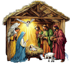 Nativity Scene Depicting Birth of Jesus with Mary, Joseph, Angel, Shepherds, and Animals in a Rustic Stable Setting During Christmas Celebration
