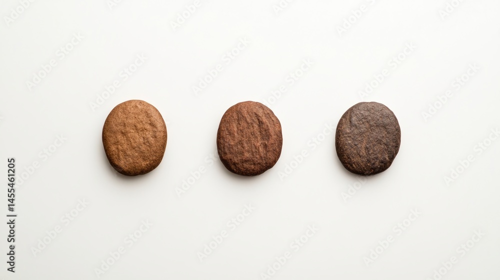 Poster three cookies with different shades of brown are arranged in a row on a plain white background.