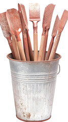 Isolated Photo Of Assorted Rusty Garden Tools In A Metal Bucket On White Background