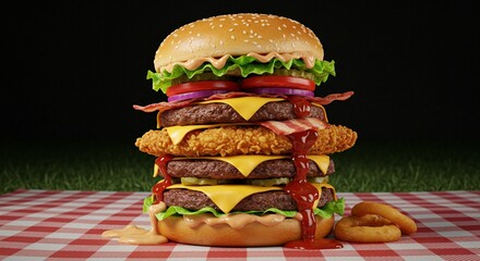 Delicious triple decker burger with bacon and crispy chicken 3d bun food meal meat cafe lunch tasty