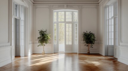 Elegant, spacious interior with hardwood floors and large windows.