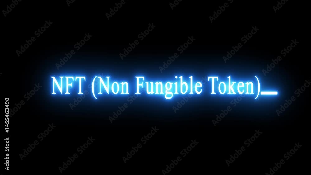 Poster nft non fungible token glowing blue color 4k animation video on abstract technology background. neon