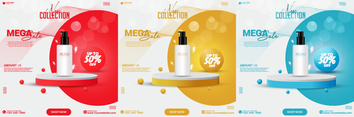 Set of abstract empty poidum background. Red, orange, and blue color 3D realistic cosmetics product sale social media poster design with a cylinder empty podium collection template.