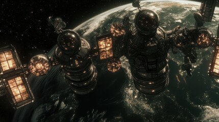 Fototapeta premium Futuristic space station orbiting a planet in deep space with intricate details showcasing technology and celestial exploration