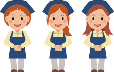 手を前で重ね、笑顔の紺色エプロンの若い女性。その2