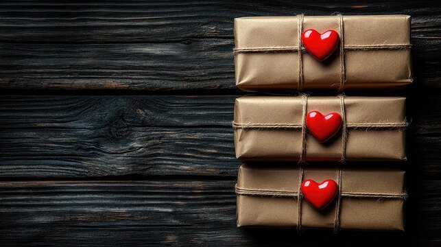 Three brown paper packages tied with string and red hearts. Use for Valentine's Day, anniversaries, love and gift giving.