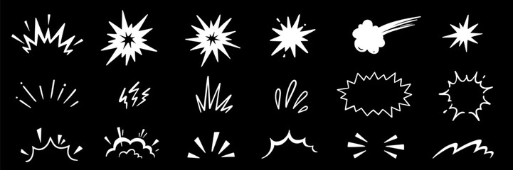 Line speed cartoon effect, boom explosive motion line element set. Comic boom burst, explosive smoke, line speed cartoon vector icon. Hand drawn sketch doodle action effect. Vector illustration © Polina Tomtosova