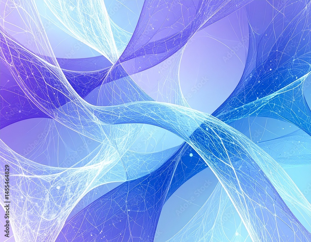 Poster an interconnected, web-like structure of translucent strands weaves into a complex digital pattern. 