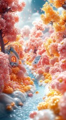 Colorful, whimsical miniature landscape with pastel-colored trees.