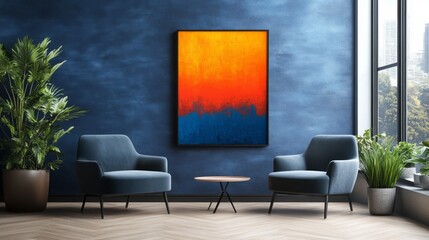 Abstract art piece framed and placed in a modern room.