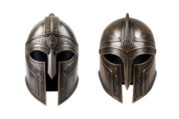 Comparison of highly detailed medieval or fantasy helmets with intricate designs transparent background