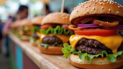 Celebrate national burger day with delicious cheeseburgers at a local food festival outdoor setting close-up view