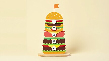 Celebrate national burger day with a creative stack of burgers on display in a whimsical setting