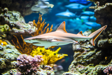 Stunning close-up of a graceful shark swimming amidst vibrant coral reef, showcasing underwater beauty and marine wildlife.
