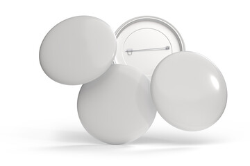Blank Round Pin Badges Mockup Template isolated on background. Plastic empty white button badge with metal for branding souvenir magnet, brooch pin, emblem, merchandise, volunteer label. 3D rendering
