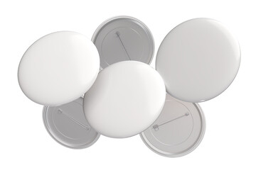 Blank Round Pin Badges Mockup Template isolated on background. Plastic empty white button badge with metal for branding souvenir magnet, brooch pin, emblem, merchandise, volunteer label. 3D rendering