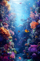 Obraz premium Vibrant Ecosystem: A Kaleidoscope of Life on the Outer Reef in the Vast Blue Ocean