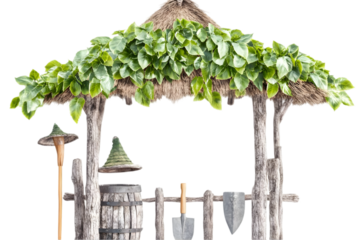 Isolated Illustration Of A Wooden Tropical Hut Stall With Lush Green Leaves On A Transparent Background