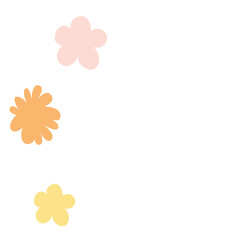 A collection of stylized flowers with pink, red, yellow, and blue petals, scattered on a white background. Designed in a minimal artistic style for decorative projects.