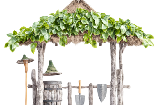 Isolated Illustration Of A Wooden Tropical Hut Stall With Lush Green Leaves On A Transparent Background