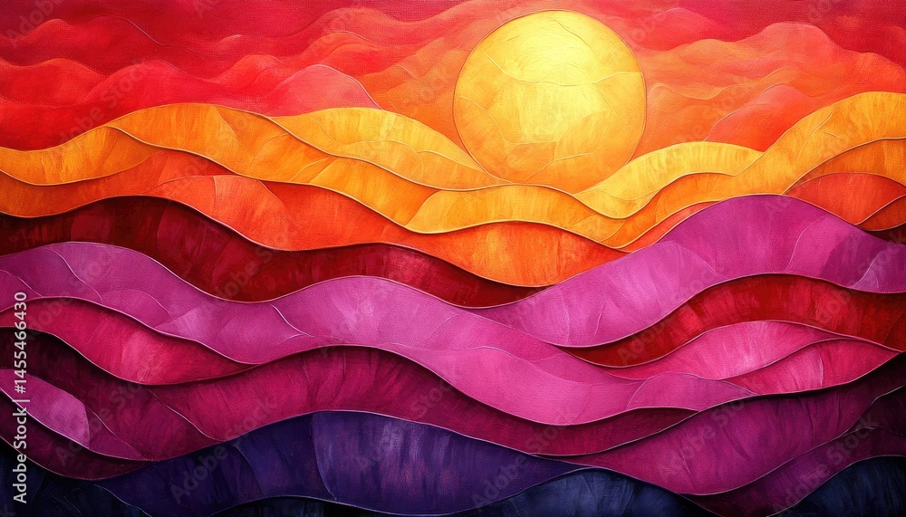 Poster abstract painting shows layered hills and a large, yellow sun setting. use this to design a backgrou