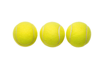 Three bright yellow tennis balls lined up against a plain gray background transparent background