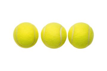 Three bright yellow tennis balls lined up against a plain gray background transparent background