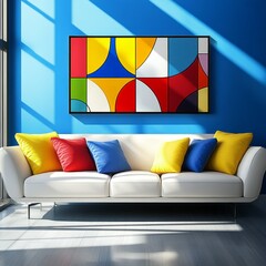 Colorful abstract art piece displayed on a white couch.