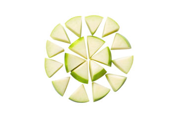 Artistic arrangement of sliced green apples creating a circular and appealing display transparent background