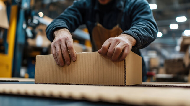 A close up of hands assembling custom product packaging box in warehouse environment showing careful manual work and focus on detail