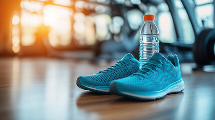 A blue running shoes and water bottle on gym floor with warm sunlight creating energetic and fresh atmosphere