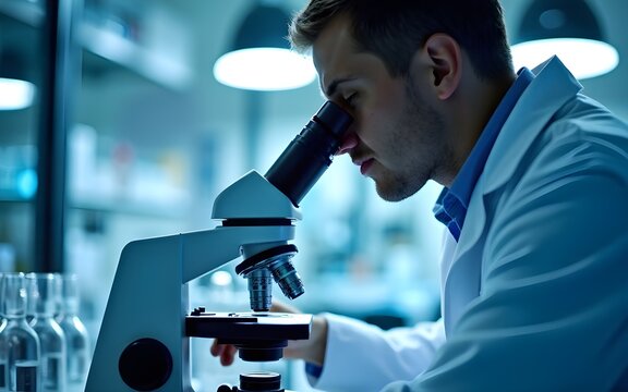 Research and developement concept background of scientist or reseacher using microscope in biotechnology laboratory overlay. High quality