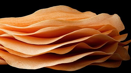 Thin, wavy sheets of papery material stacked in layers against a black background.