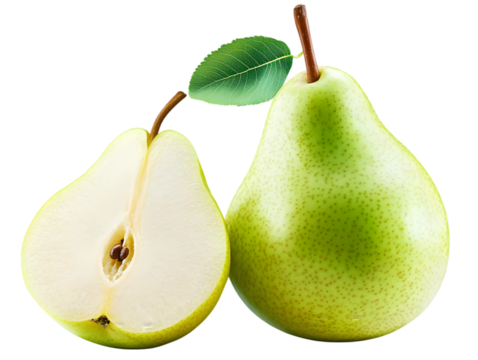 Isolated Photo of a Green Pear with Cut Half Leaf and Transparent Background