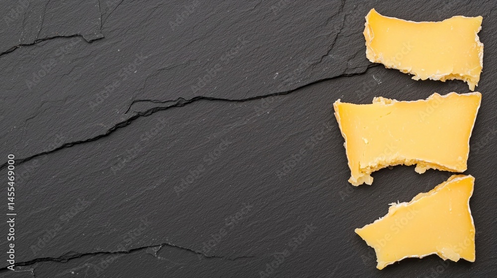 Aufkleber three pieces of yellow cheese are arranged on a dark slate surface with visible texture and cracks.