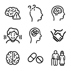 A set of doodle line icons alzheimer's disease, cognitive decline, elderly care, and mental health treatment and support concepts
