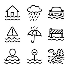 A set of doodle line icons showing flood situations, rain, and water hazards for natural disaster and emergency preparedness visuals