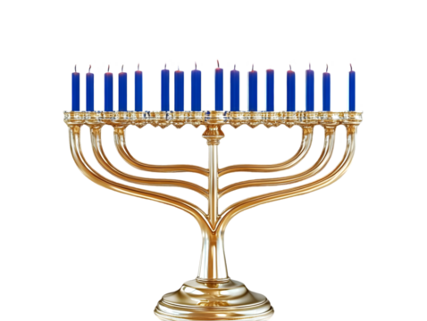 Isolated Photo of a Gold Menorah with Blue Candles on a Transparent Background