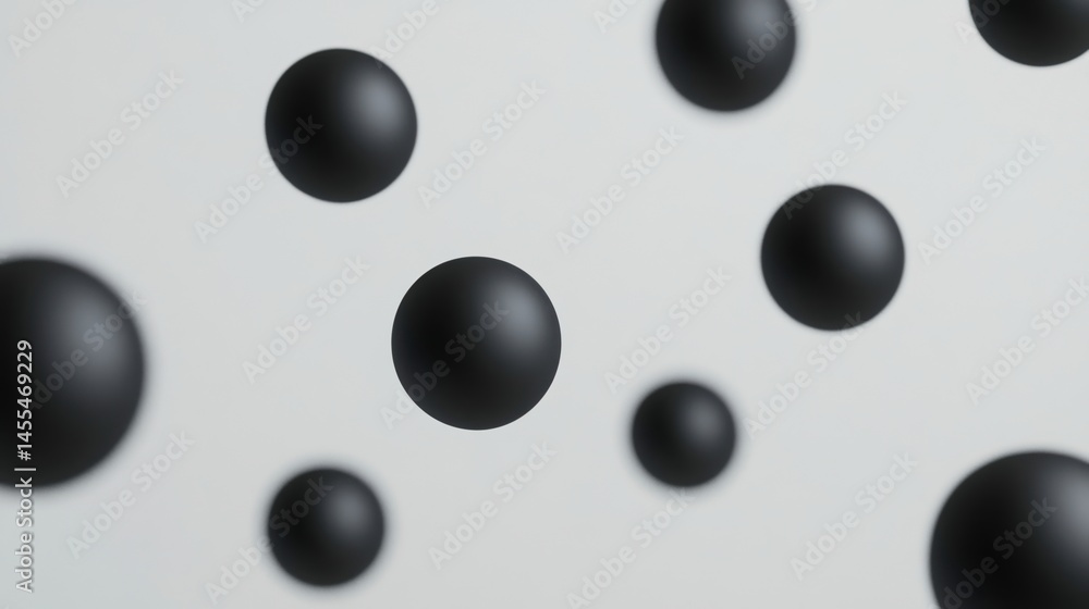 Poster black spheres float against a plain light background, creating a minimalistic and modern abstract co