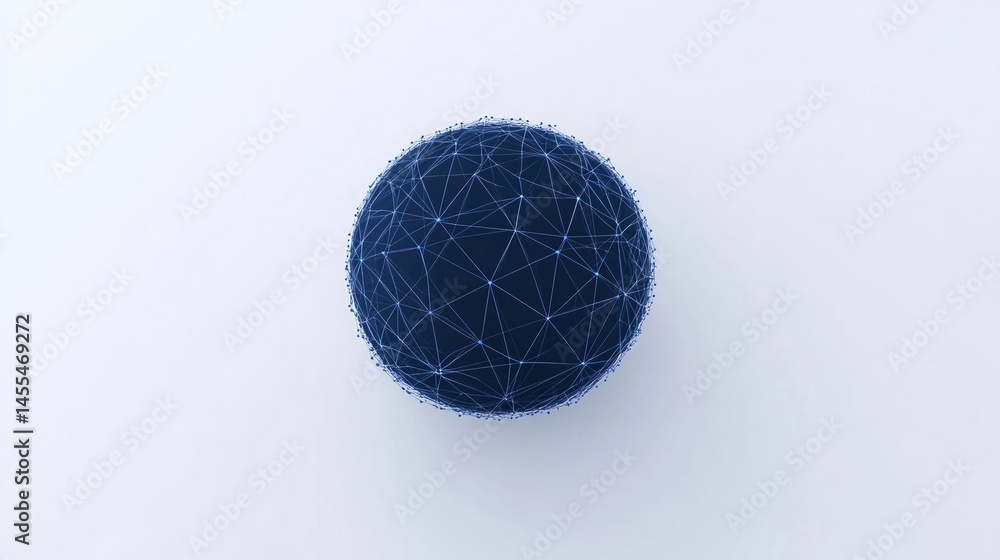 Poster a dark geometric sphere with interconnected lines and nodes, floating on a light background.