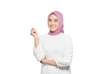 Smiling young Asian Muslim woman looking at camera feeling confident and happy isolated on transparent background