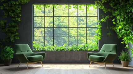 Tranquil interior design with lush greenery and a large window.