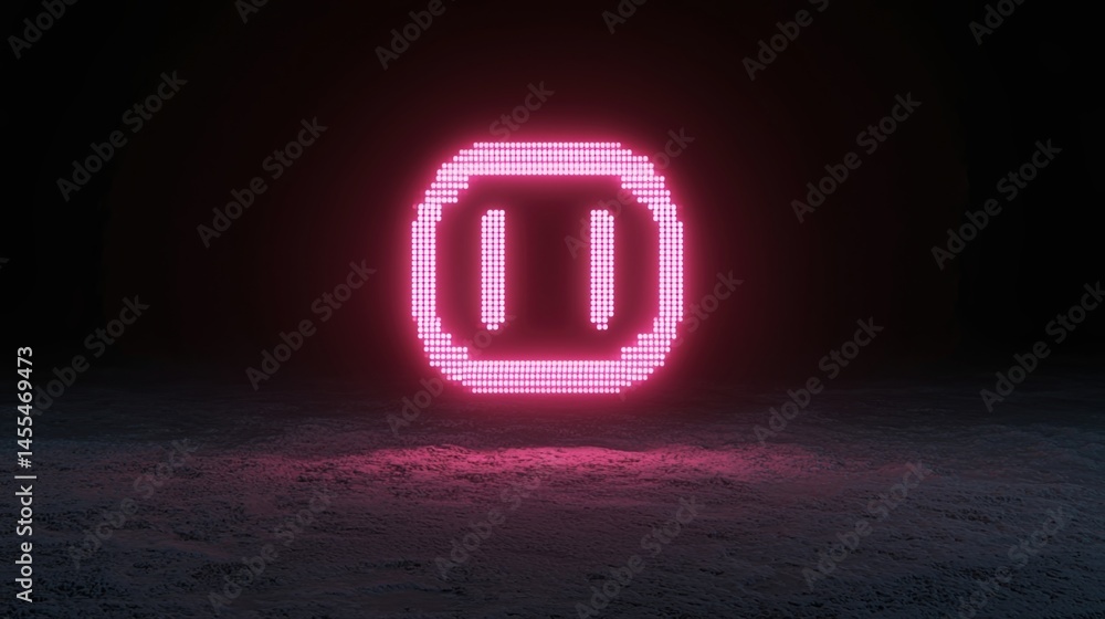 Poster a glowing pink digital pause button icon appears in a dark, textured environment, illuminated by pix