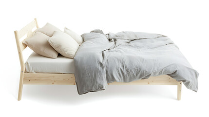A bed with a grey comforter and pillows