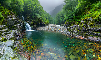 Serene mountain waterfall cascading into crystal-clear pool, surrounded by lush green forest. Perfect for travel, nature, and tranquility themes.